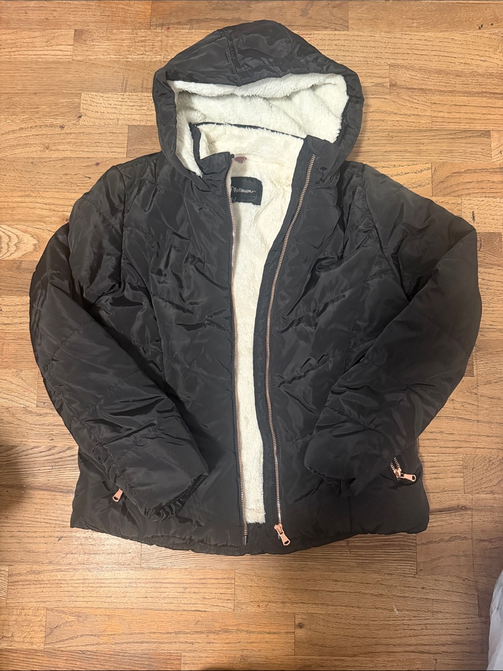 Pink Platinum Black Hooded Puffer Jacket with Cream Sherpa Lining